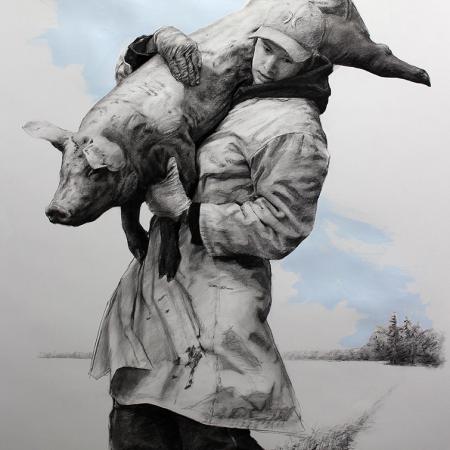 Butcher, charcoal on paper, 50x38in