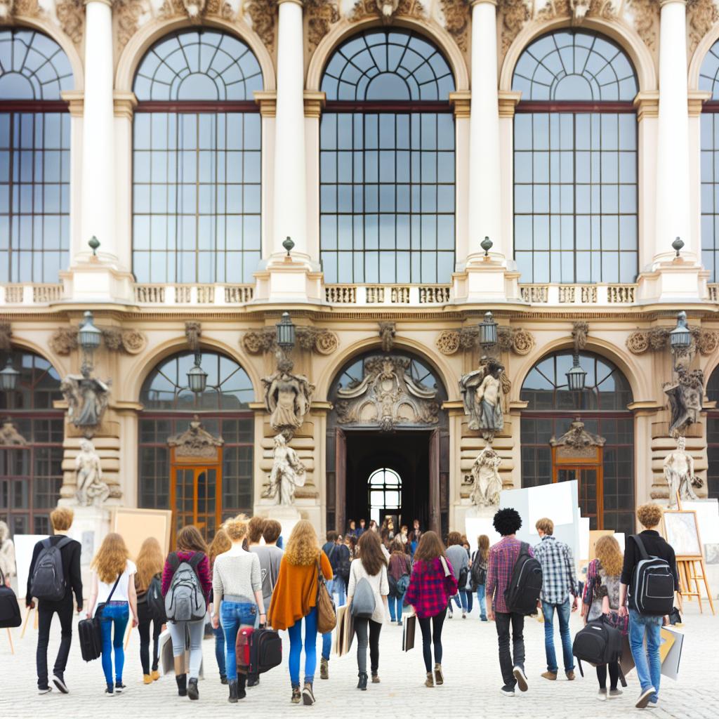 A grand and historic art academy in Europe, with ornate architecture and large windows letting in natural light. Students can be seen carrying portfolios and art supplies, entering the building with a sense of anticipation and excitement.
