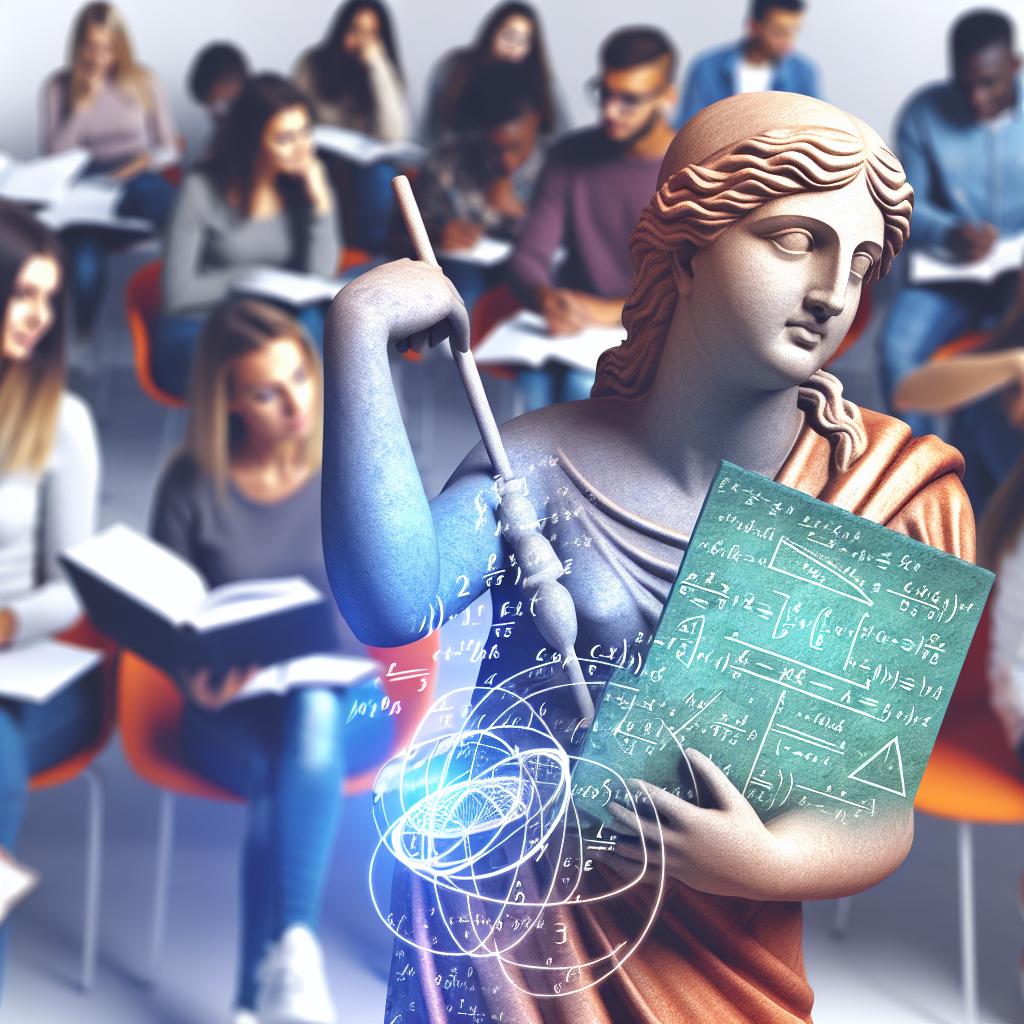 A sculpture of a Greek goddess holding a tablet with equations and graphs on it, surrounded by students studying and discussing various subjects.